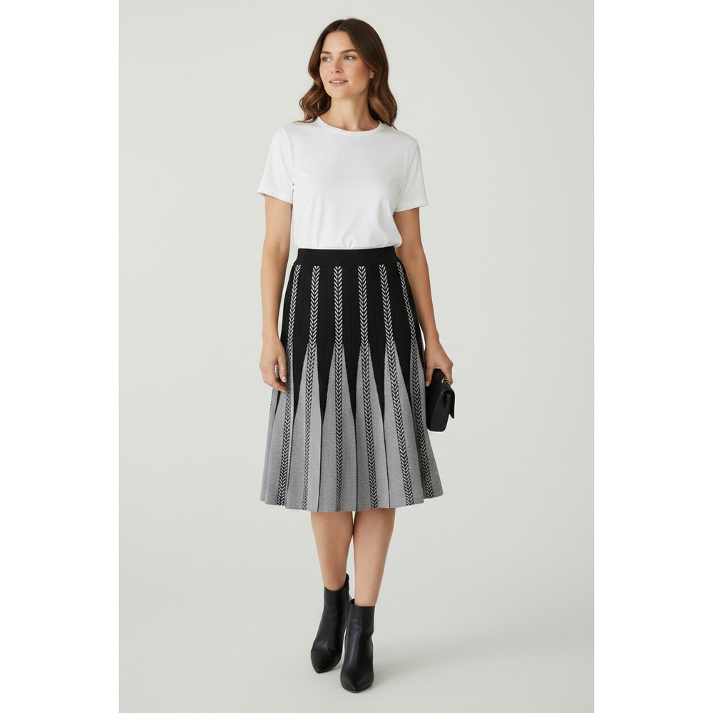 New R48D Geometric Chevron Knit Midi A-Line Skirt Black Grey White Size M